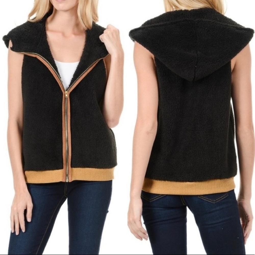 Style Rack Black Hooded Zip Front Fleece Vest - Picture 2 of 11